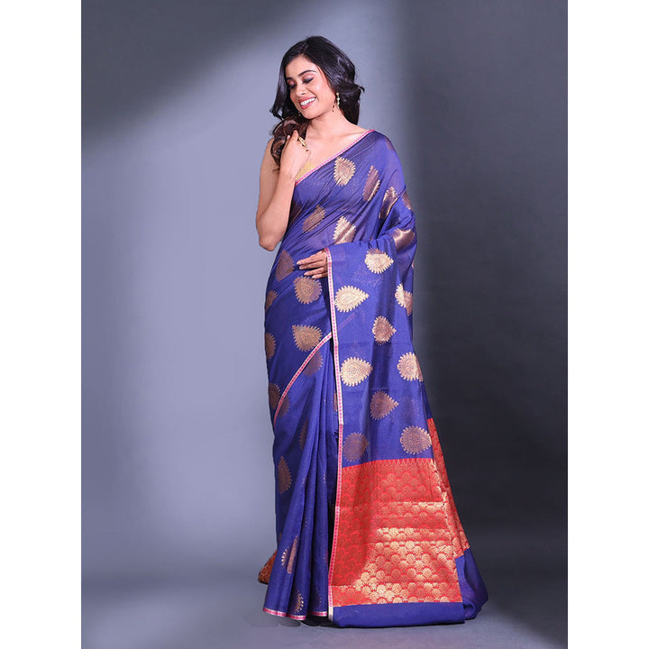 CHARUKRITI Navy Blue Cotton Handwoven Damask Motifs and Texture Pallu Saree with Unstitched Blouse