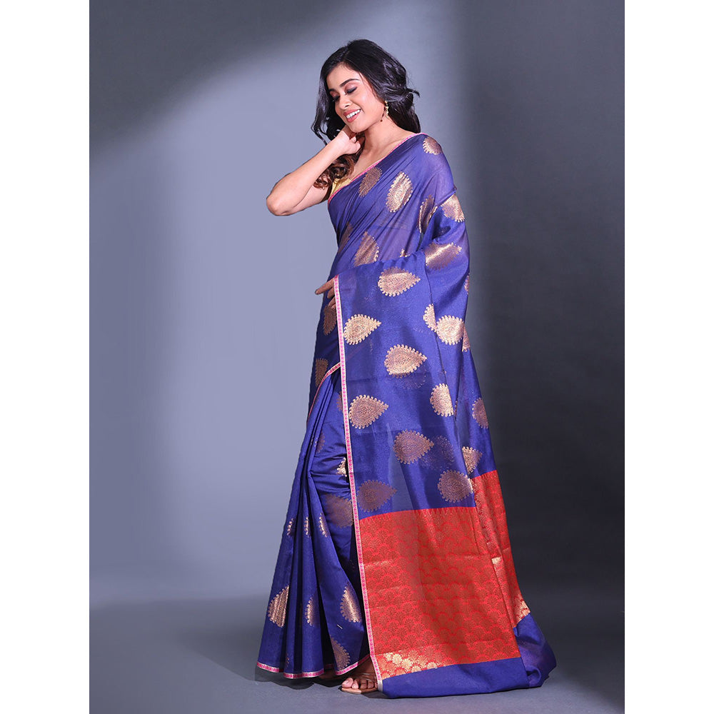 CHARUKRITI Navy Blue Cotton Handwoven Damask Motifs and Texture Pallu Saree with Unstitched Blouse