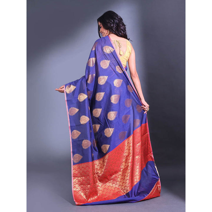 CHARUKRITI Navy Blue Cotton Handwoven Damask Motifs and Texture Pallu Saree with Unstitched Blouse