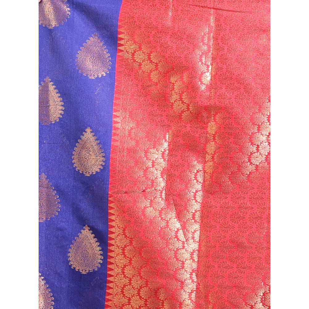 CHARUKRITI Navy Blue Cotton Handwoven Damask Motifs and Texture Pallu Saree with Unstitched Blouse