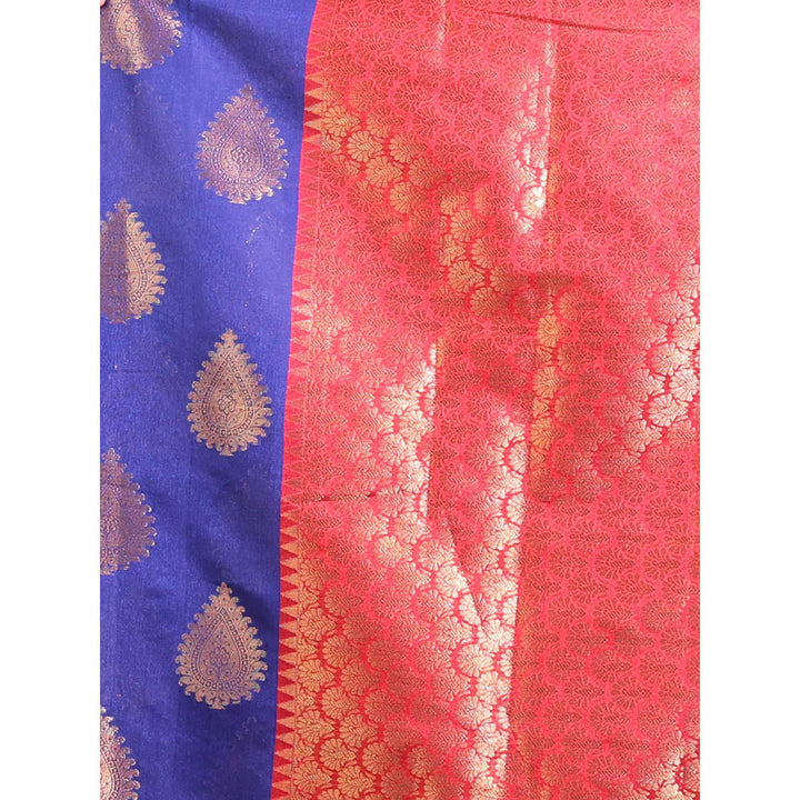 CHARUKRITI Navy Blue Cotton Handwoven Damask Motifs and Texture Pallu Saree with Unstitched Blouse