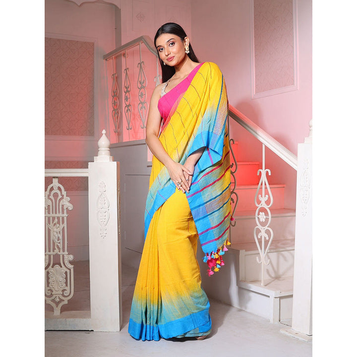 CHARUKRITI Yellow Cotton Handwoven Saree with Ikkat Design with Unstitched Blouse