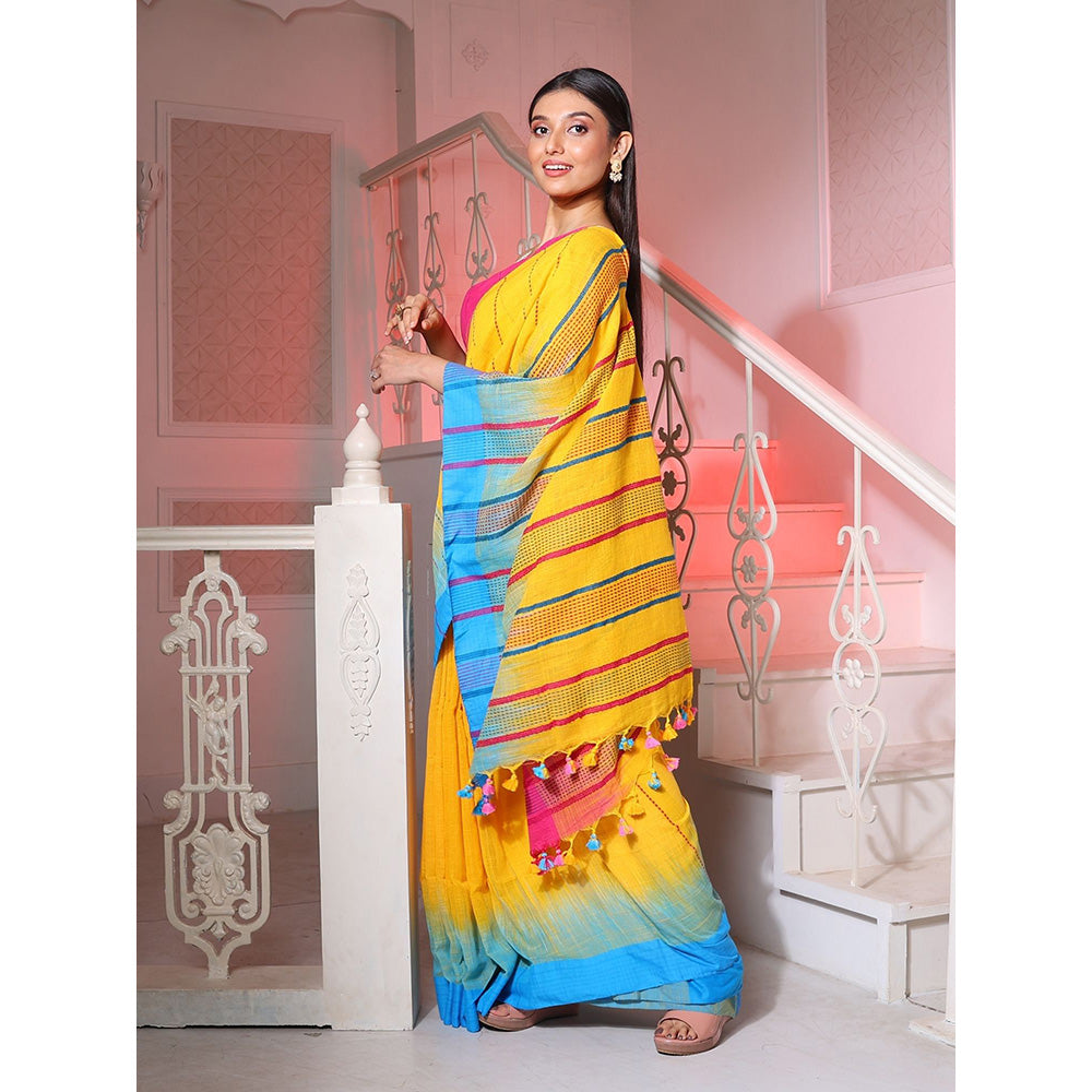 CHARUKRITI Yellow Cotton Handwoven Saree with Ikkat Design with Unstitched Blouse