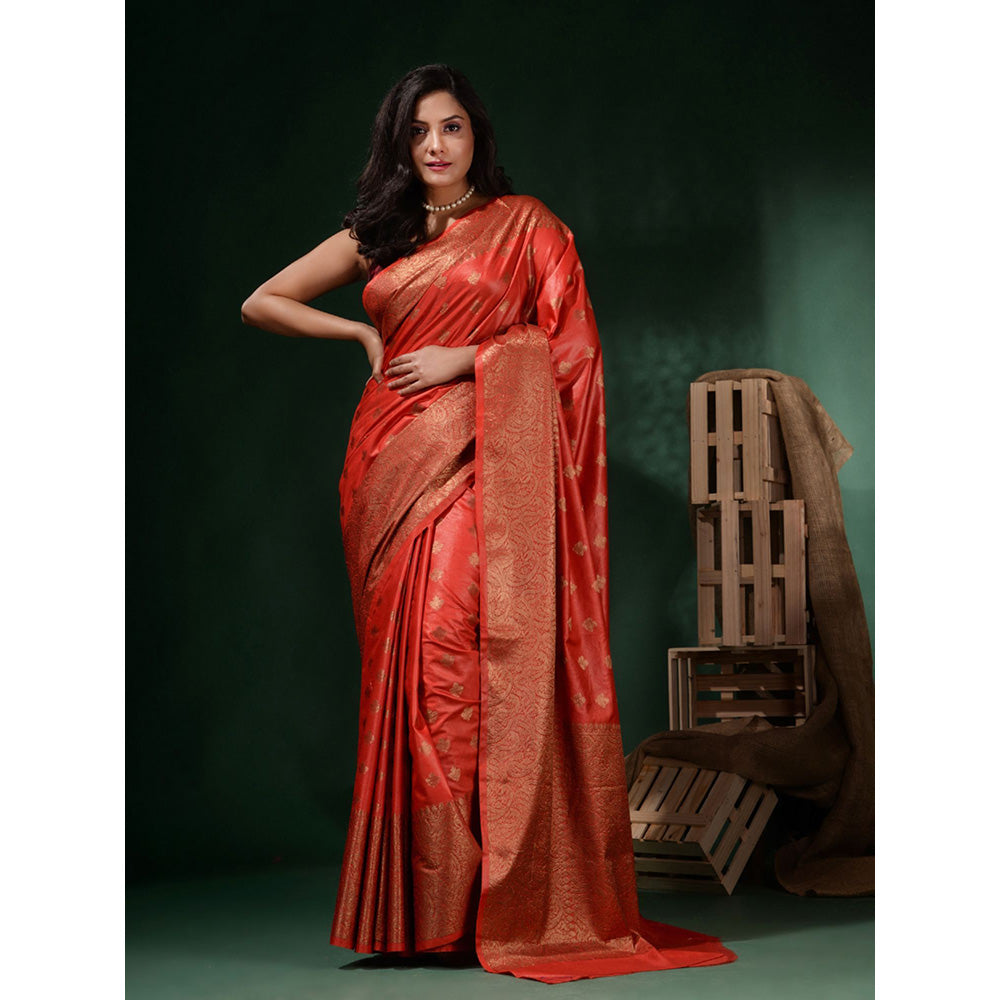 CHARUKRITI Red Silk Blend Handwoven Soft Ethnic Motifs Saree with Unstitched Blouse