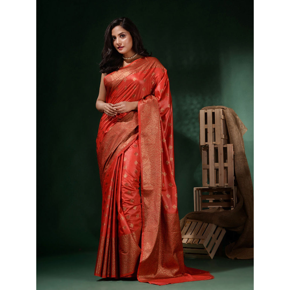 CHARUKRITI Red Silk Blend Handwoven Soft Ethnic Motifs Saree with Unstitched Blouse