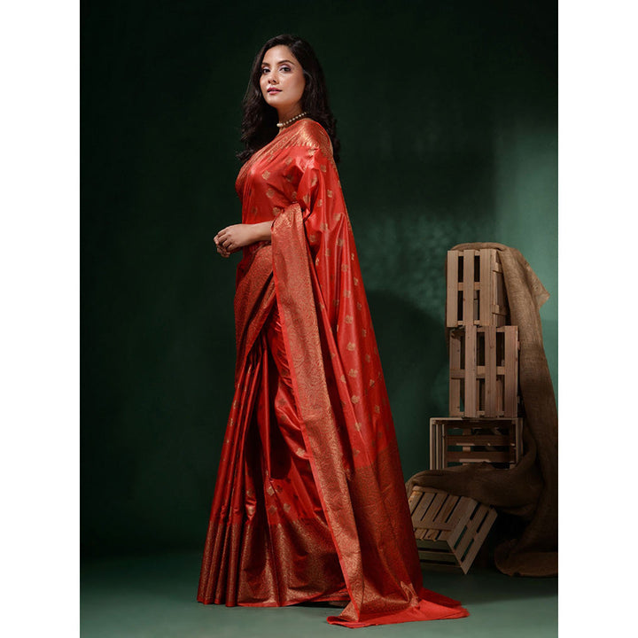 CHARUKRITI Red Silk Blend Handwoven Soft Ethnic Motifs Saree with Unstitched Blouse