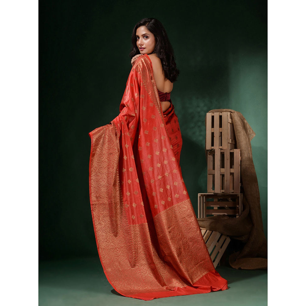 CHARUKRITI Red Silk Blend Handwoven Soft Ethnic Motifs Saree with Unstitched Blouse