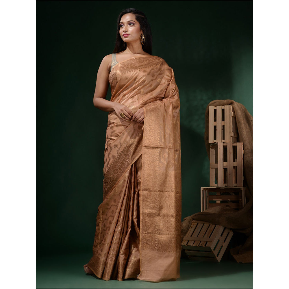 CHARUKRITI Beige Silk Blend Handwoven Soft Nakshi Pattern Saree with Unstitched Blouse