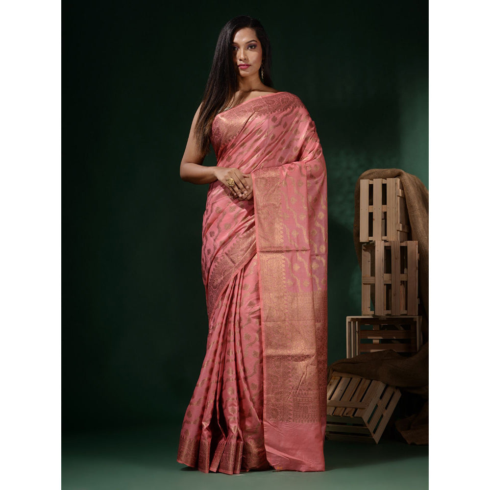 CHARUKRITI Flamingo Pink Handwoven Soft Nakshi Pattern Saree with Unstitched Blouse