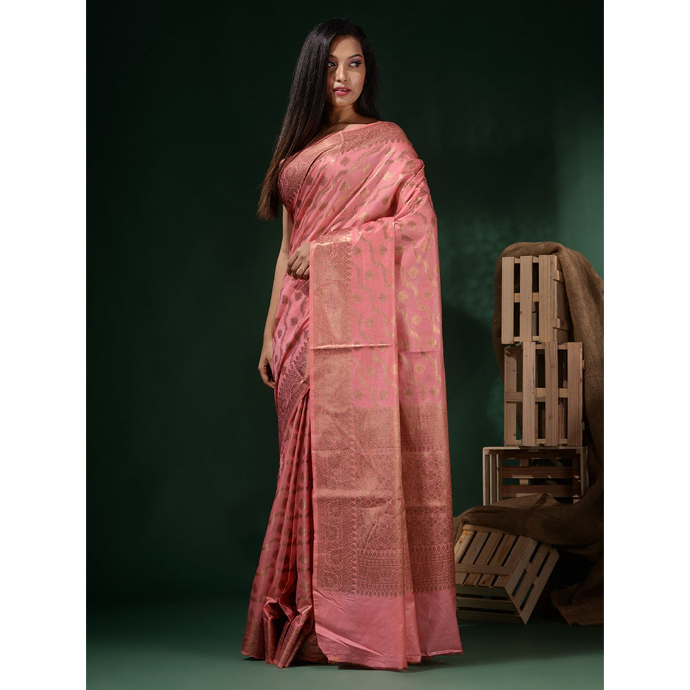 CHARUKRITI Flamingo Pink Handwoven Soft Nakshi Pattern Saree with Unstitched Blouse