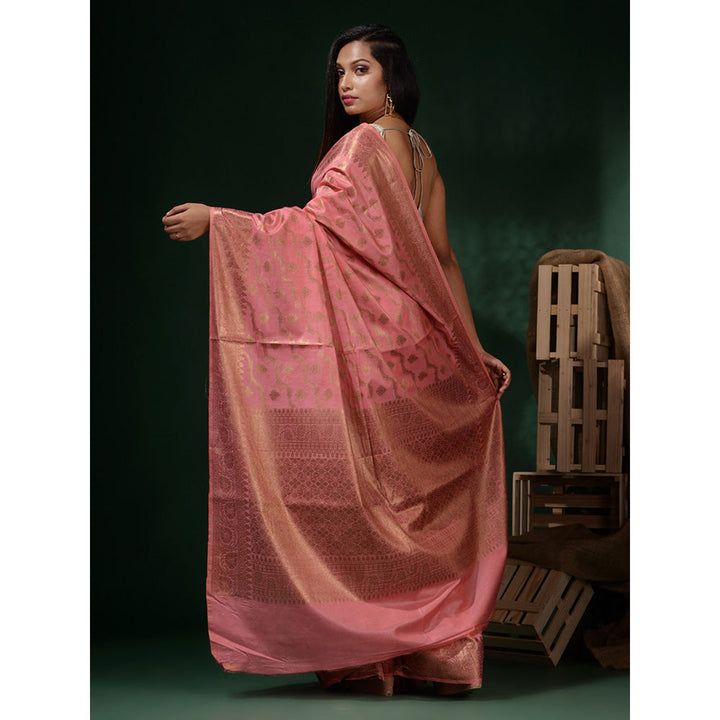 CHARUKRITI Flamingo Pink Handwoven Soft Nakshi Pattern Saree with Unstitched Blouse