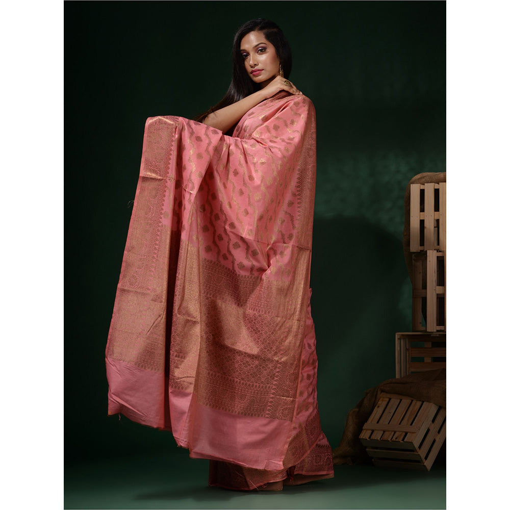 CHARUKRITI Flamingo Pink Handwoven Soft Nakshi Pattern Saree with Unstitched Blouse