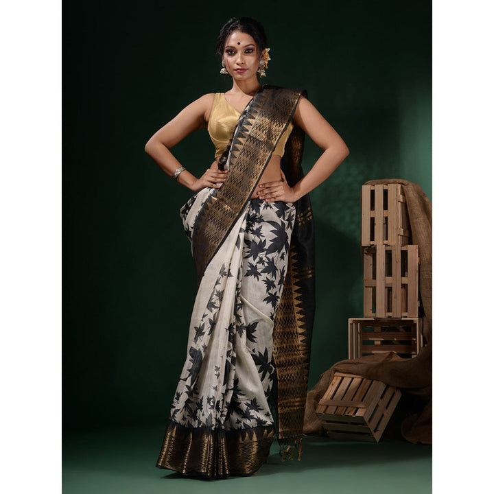 CHARUKRITI White & Black Foliage Print Saree with Unstitched Blouse