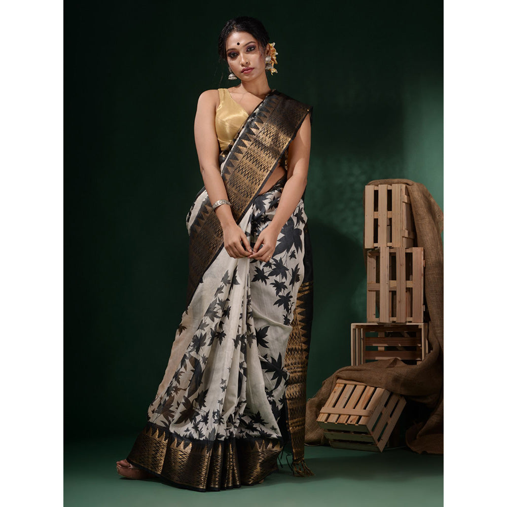 CHARUKRITI White & Black Foliage Print Saree with Unstitched Blouse