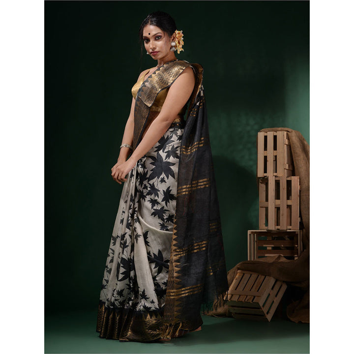 CHARUKRITI White & Black Foliage Print Saree with Unstitched Blouse