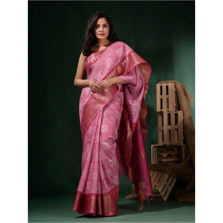 CHARUKRITI Pink Silk Blend Printed Saree with Unstitched Blouse