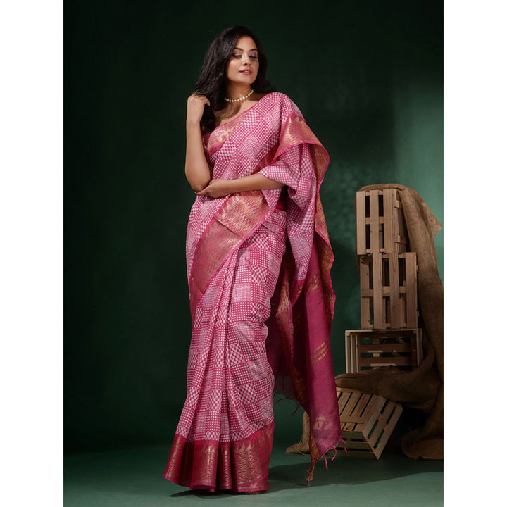 CHARUKRITI Pink Silk Blend Printed Saree with Unstitched Blouse