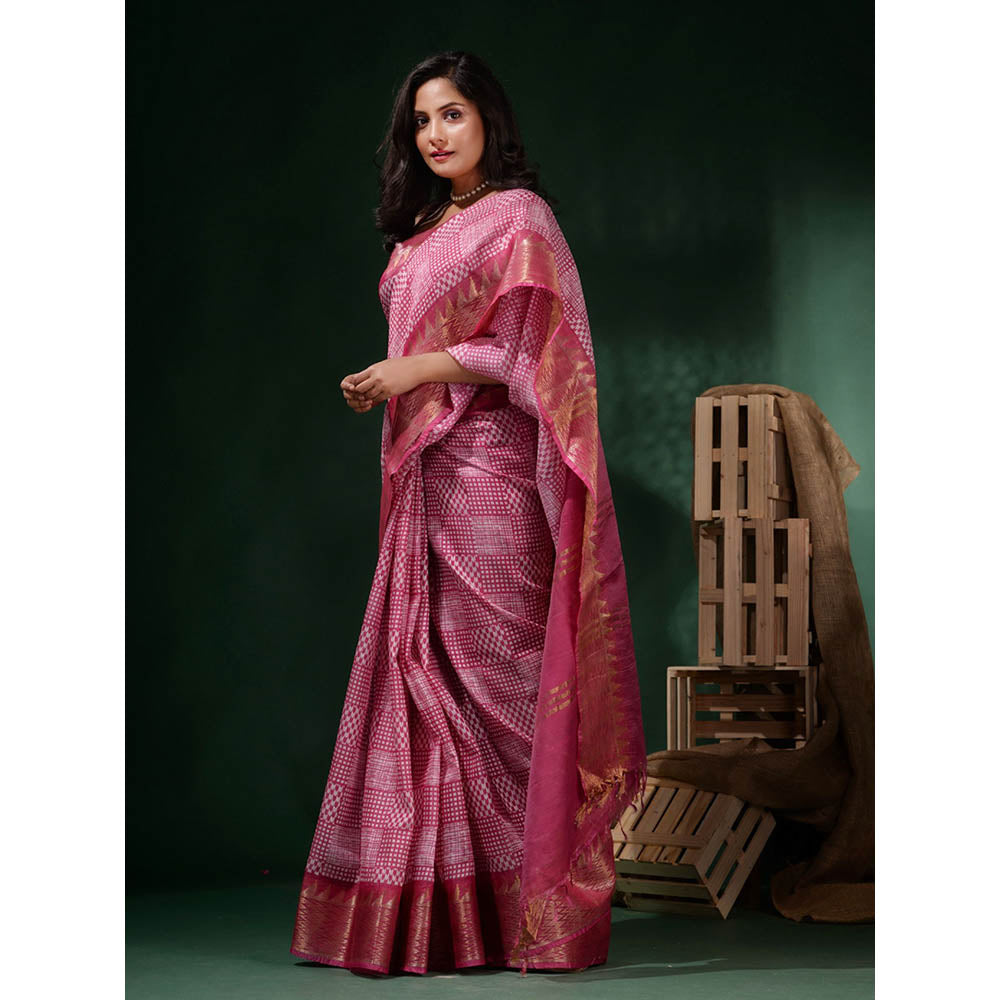 CHARUKRITI Pink Silk Blend Printed Saree with Unstitched Blouse