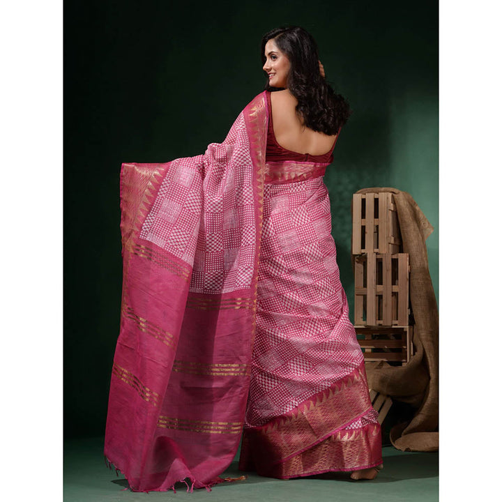 CHARUKRITI Pink Silk Blend Printed Saree with Unstitched Blouse