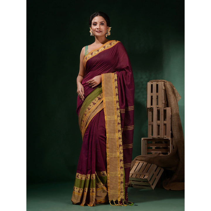 CHARUKRITI Magenta Cotton Handwoven Peacock & Texture Borders Saree with Unstitched Blouse