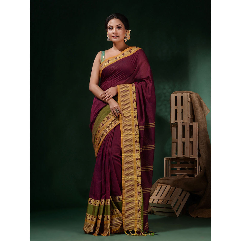 CHARUKRITI Magenta Cotton Handwoven Peacock & Texture Borders Saree with Unstitched Blouse