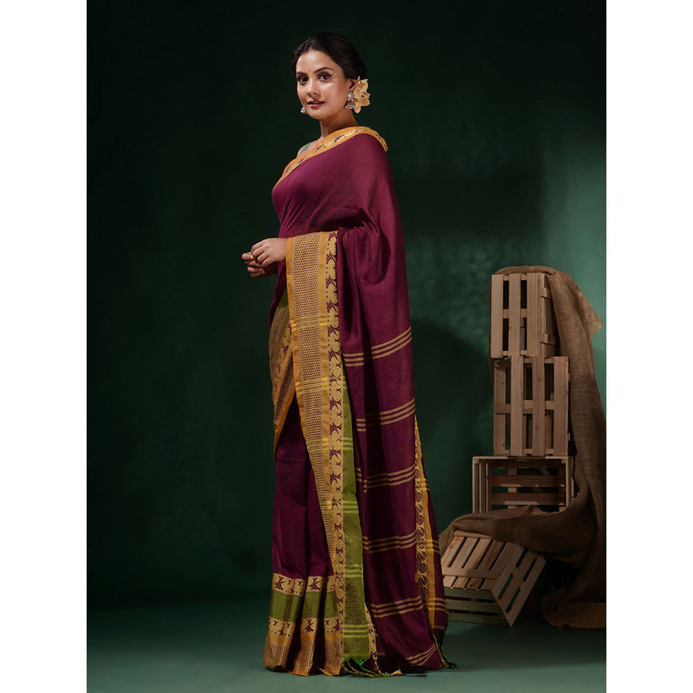 CHARUKRITI Magenta Cotton Handwoven Peacock & Texture Borders Saree with Unstitched Blouse