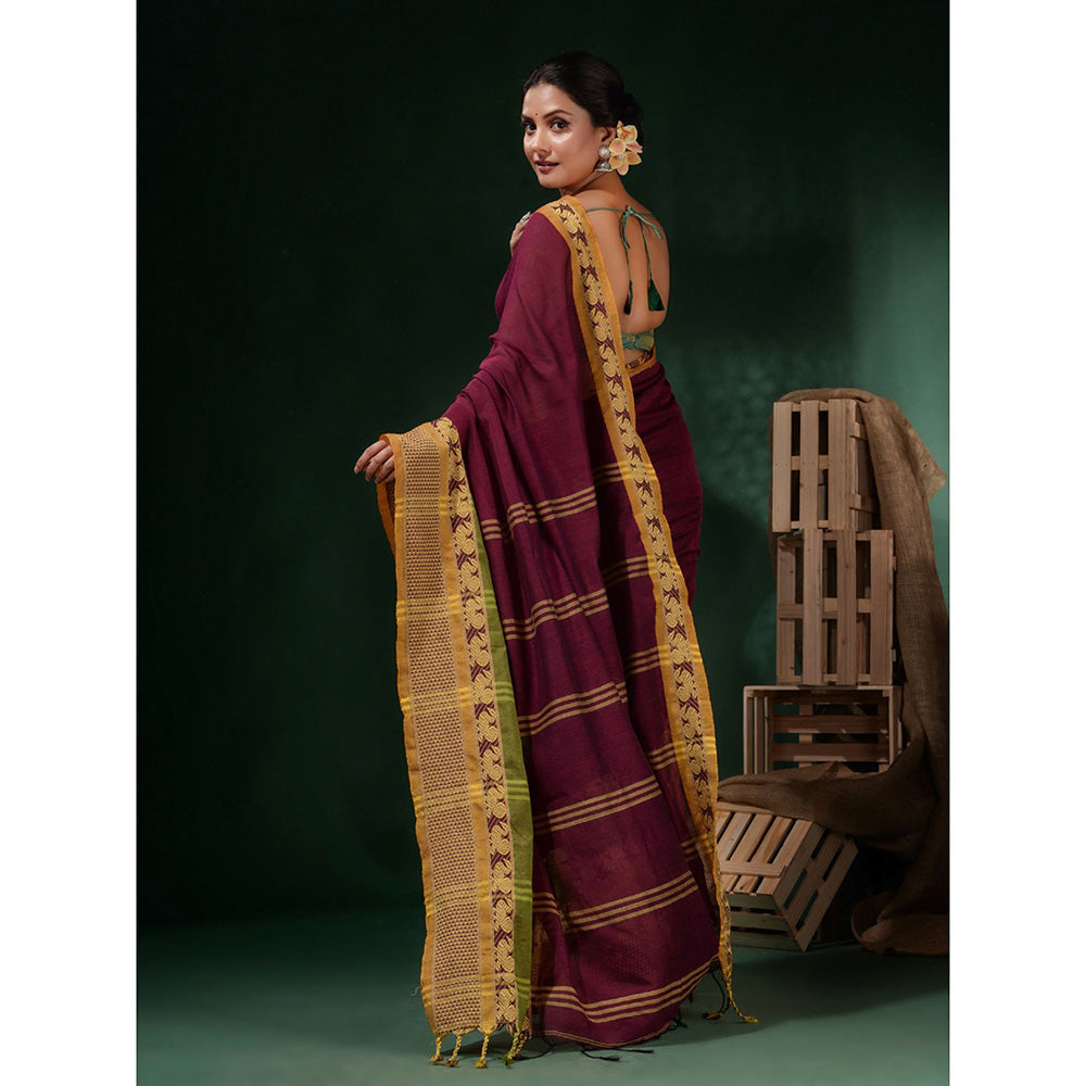 CHARUKRITI Magenta Cotton Handwoven Peacock & Texture Borders Saree with Unstitched Blouse