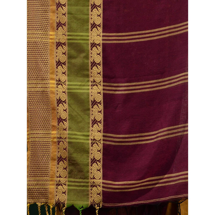 CHARUKRITI Magenta Cotton Handwoven Peacock & Texture Borders Saree with Unstitched Blouse