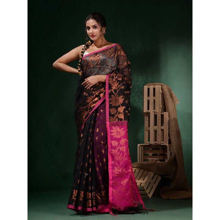 CHARUKRITI Black Cotton Silk Handwoven Woven Zari Designs Saree with Unstitched Blouse