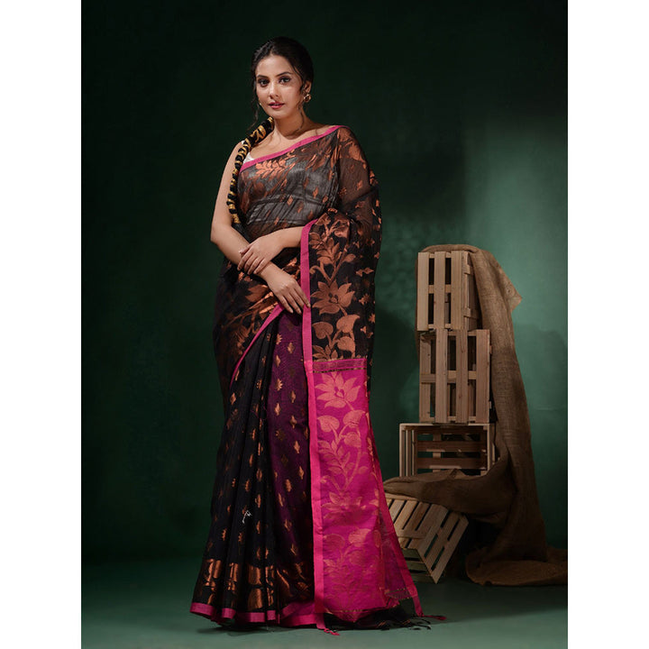 CHARUKRITI Black Cotton Silk Handwoven Woven Zari Designs Saree with Unstitched Blouse