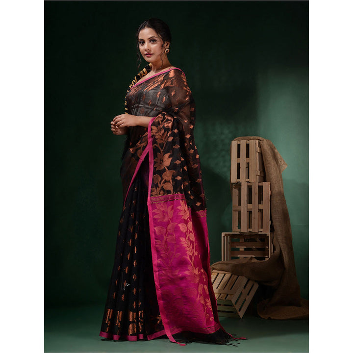 CHARUKRITI Black Cotton Silk Handwoven Woven Zari Designs Saree with Unstitched Blouse