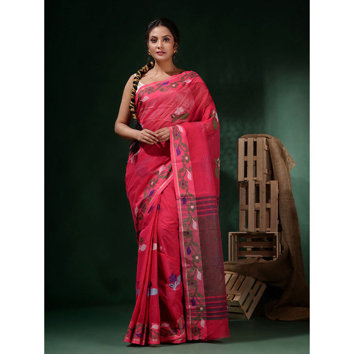 CHARUKRITI Pink Cotton Handwoven Soft Floral Border Saree