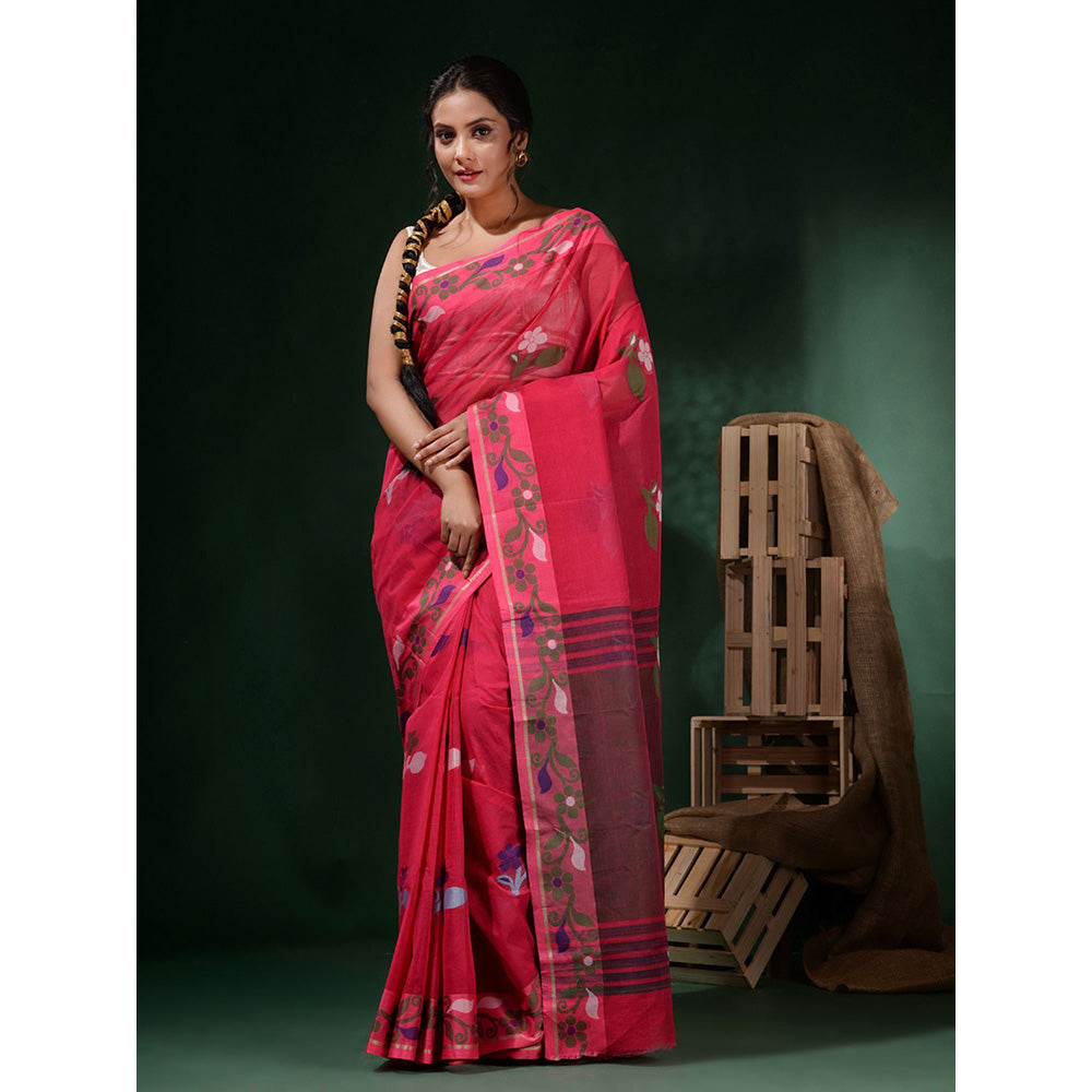 CHARUKRITI Pink Cotton Handwoven Soft Floral Border Saree