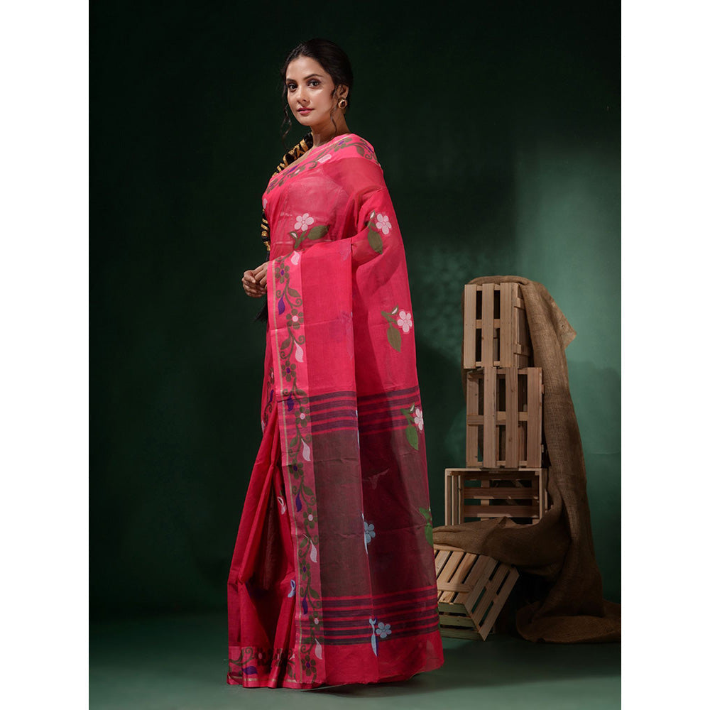 CHARUKRITI Pink Cotton Handwoven Soft Floral Border Saree