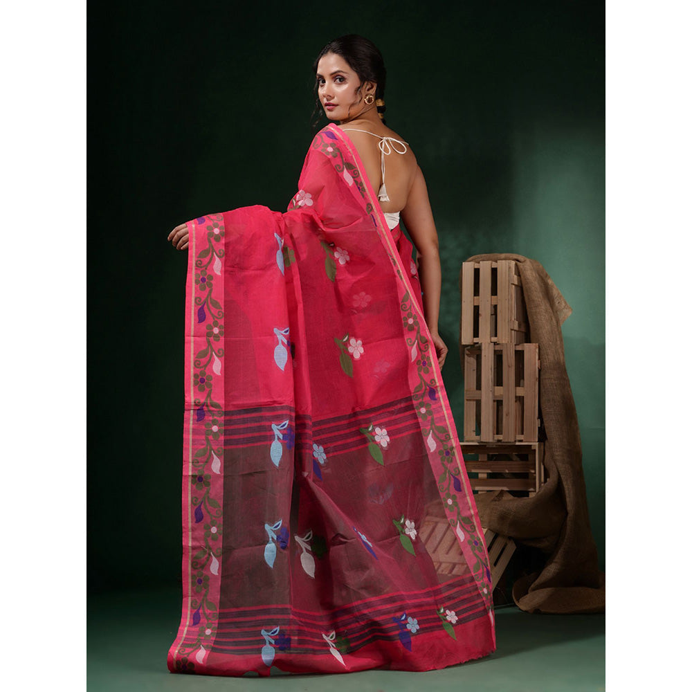 CHARUKRITI Pink Cotton Handwoven Soft Floral Border Saree