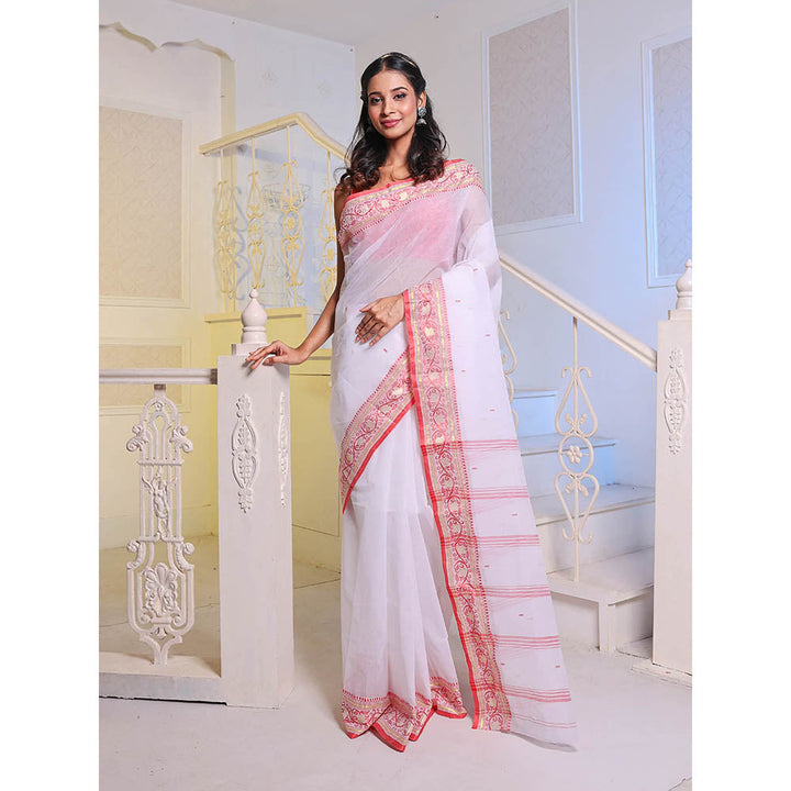 CHARUKRITI White Handwoven Cotton Tant Saree