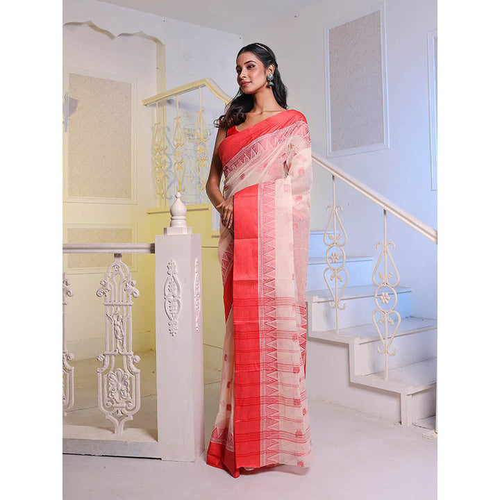 CHARUKRITI Light Beige Handwoven Cotton Tant Saree