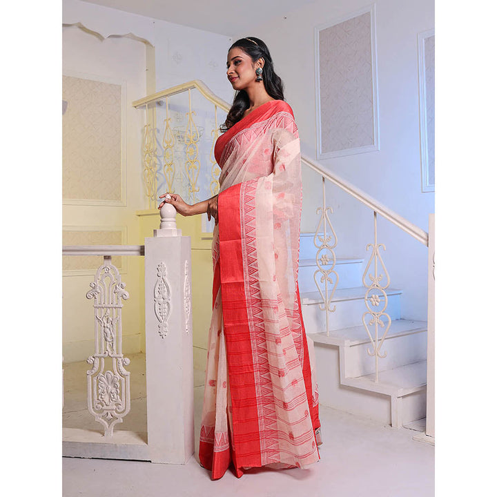 CHARUKRITI Light Beige Handwoven Cotton Tant Saree