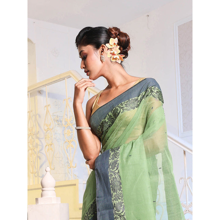 CHARUKRITI Light Green Handwoven Cotton Tant Saree