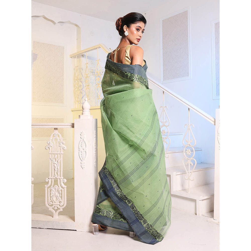 CHARUKRITI Light Green Handwoven Cotton Tant Saree