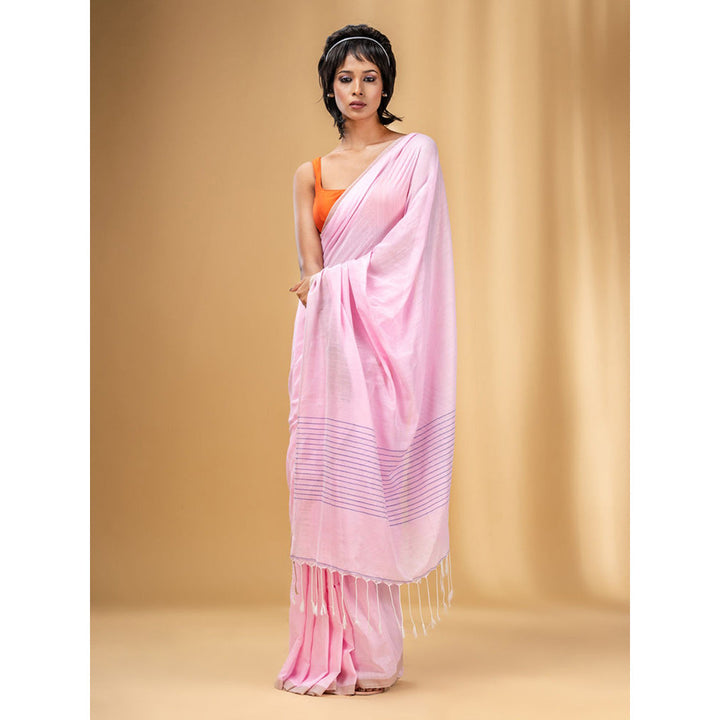 CHARUKRITI Baby Pink Cotton Handwoven Saree with Stripes Pallu with Unstitched Blouse