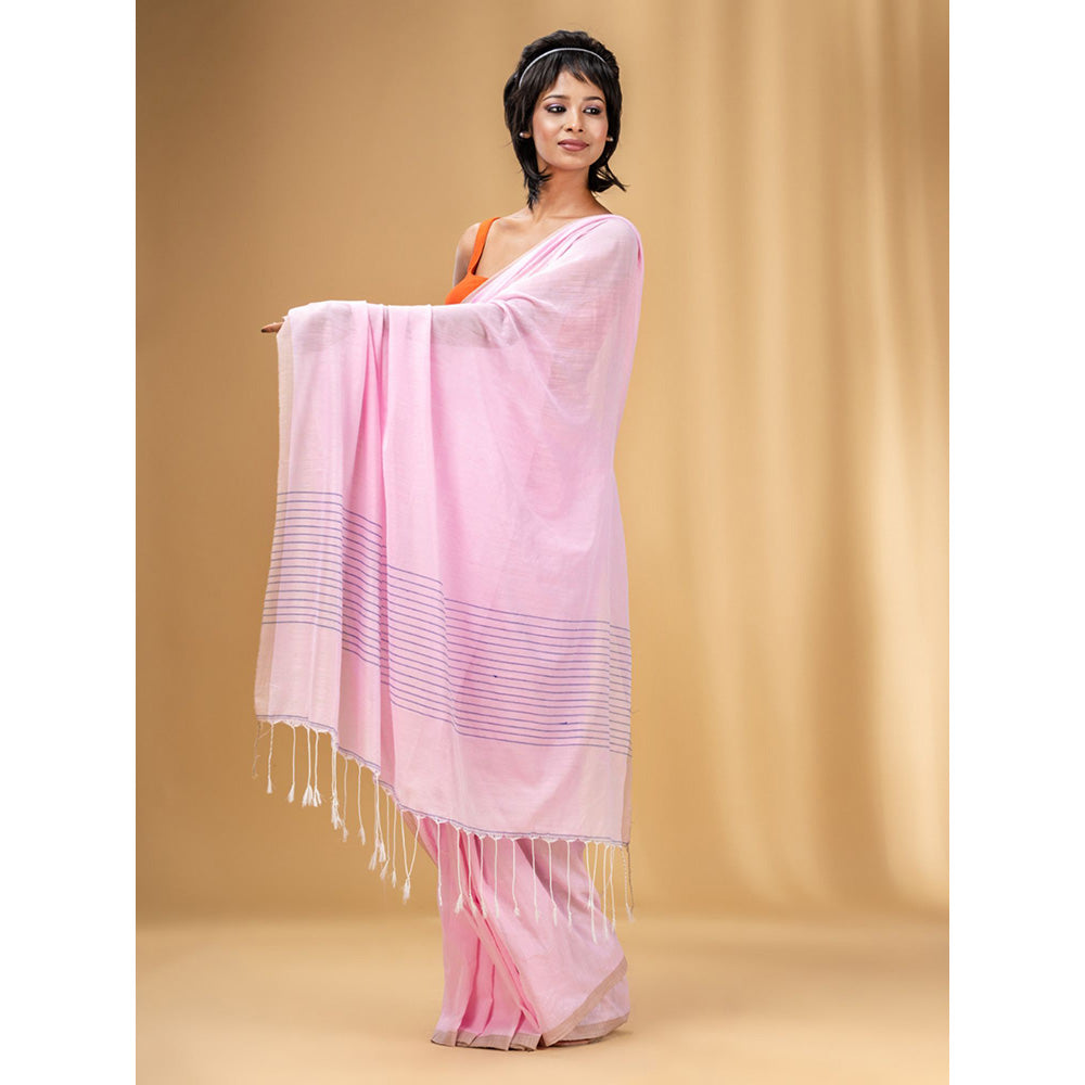 CHARUKRITI Baby Pink Cotton Handwoven Saree with Stripes Pallu with Unstitched Blouse