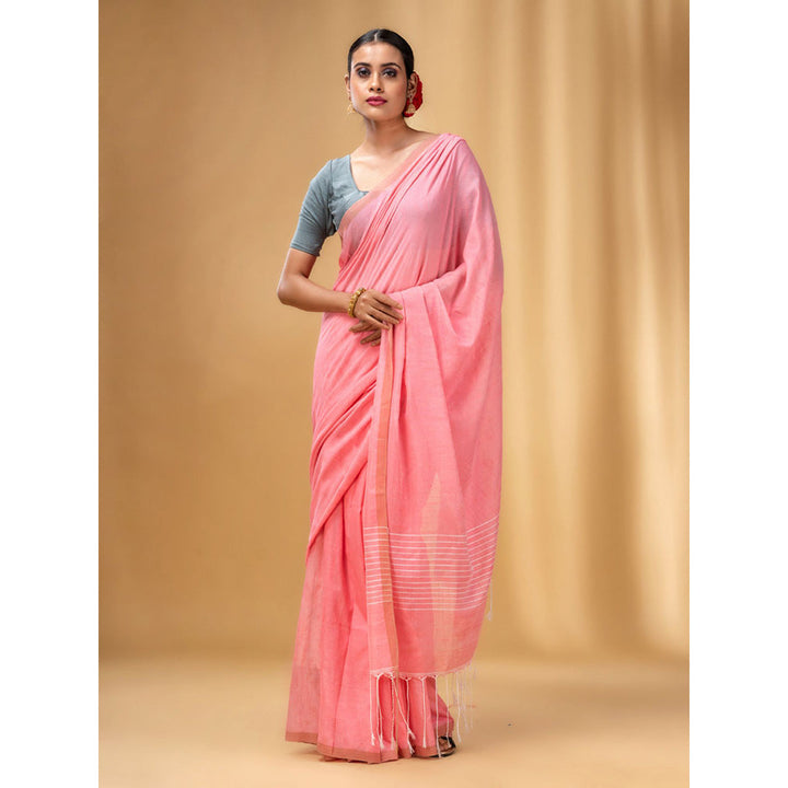 CHARUKRITI Flamingo Pink Cotton Handwoven Saree with Stripes Pallu with Unstitched Blouse