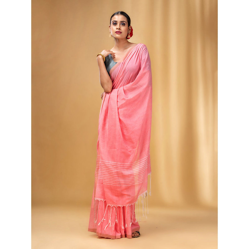 CHARUKRITI Flamingo Pink Cotton Handwoven Saree with Stripes Pallu with Unstitched Blouse