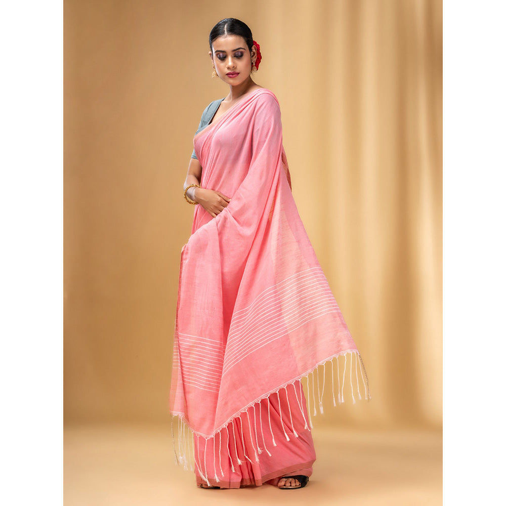 CHARUKRITI Flamingo Pink Cotton Handwoven Saree with Stripes Pallu with Unstitched Blouse