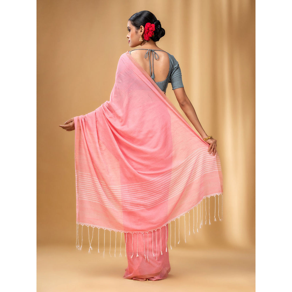 CHARUKRITI Flamingo Pink Cotton Handwoven Saree with Stripes Pallu with Unstitched Blouse