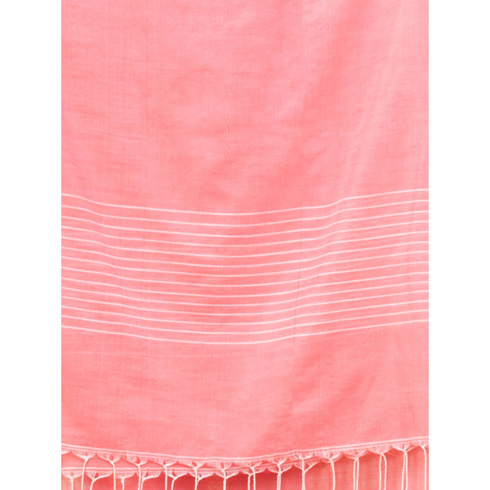 CHARUKRITI Flamingo Pink Cotton Handwoven Saree with Stripes Pallu with Unstitched Blouse