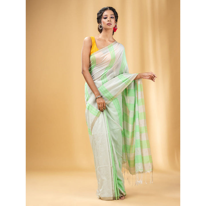 CHARUKRITI Green and Beige Cotton Handwoven Soft Saree with Stripe Pattern with Unstitched Blouse