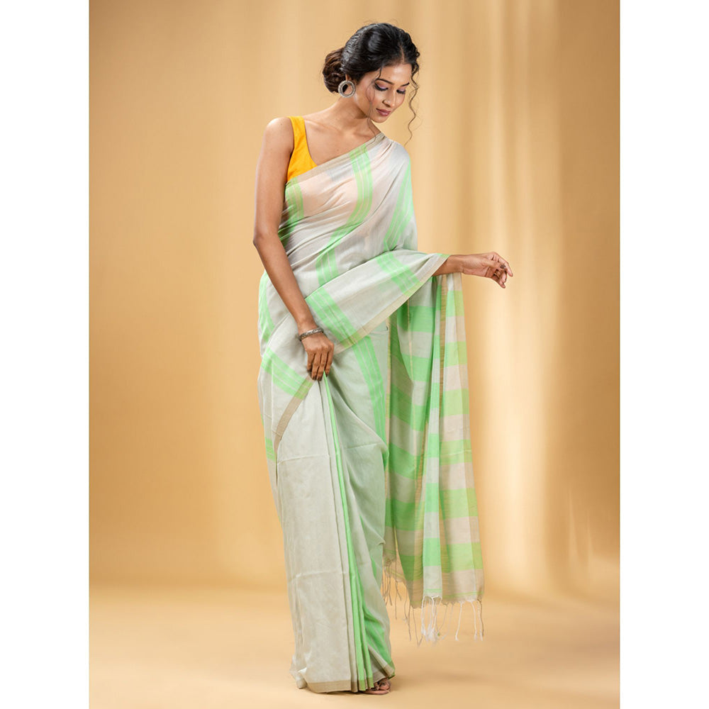 CHARUKRITI Green and Beige Cotton Handwoven Soft Saree with Stripe Pattern with Unstitched Blouse