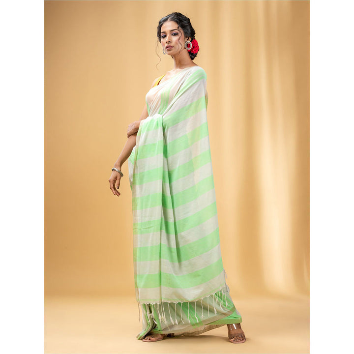 CHARUKRITI Green and Beige Cotton Handwoven Soft Saree with Stripe Pattern with Unstitched Blouse